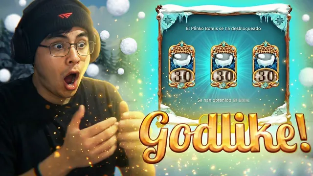 Miniatura invernal con el texto «Godlike!» y un streamer sorprendido junto a un bono desbloqueado
